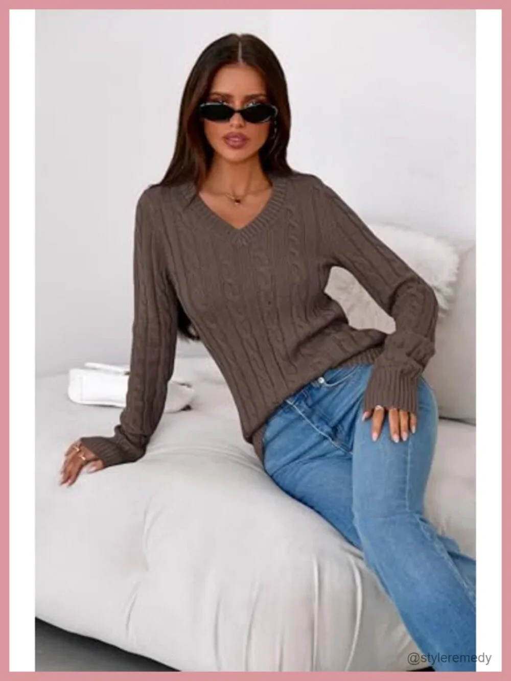 PRETTYGARDEN Cable Knit Sweater for Women V-Neck Long Sleeve Slim Fit Pullover